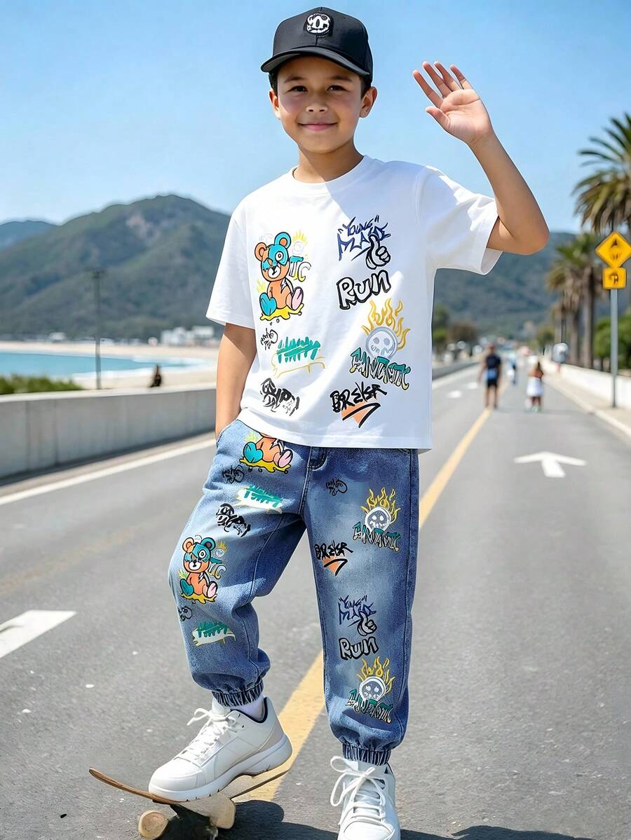 青少年男孩 2件套 夏季新款圖案圓領短袖T恤 & 百褶工裝慢跑褲 休閒運動套裝,舒適面料,時尚版型,春/夏新款,適合多個季節與場合 - 彩色 - 查看 1