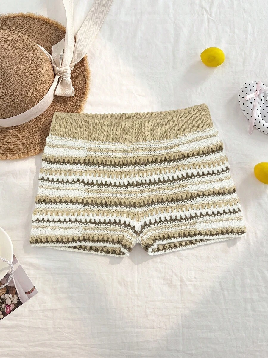 Elamini Women's Versatile Gradient Striped Mini Knit Cute Vacation Sweater Pants - Khaki - View 1