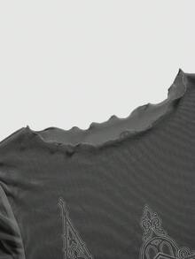 ROMWE Goth 深色哥德風神秘教堂性感網紗短袖上衣 女款 - 黑色 - 查看 3