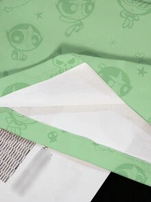 THE POWERPUFF GIRLS X SHEIN 女式可爱毛茛花和字母印花短袖T恤，夏季 - 白色 - 查看 8