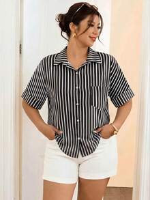 Lounesse Plus Size Women's Black And White Casual Commute Short Sleeve Fashion T-Shirt, Versatile T-Shirt, Summer Short Set, Vacation Curvy Figure Office - Black and White - View 4