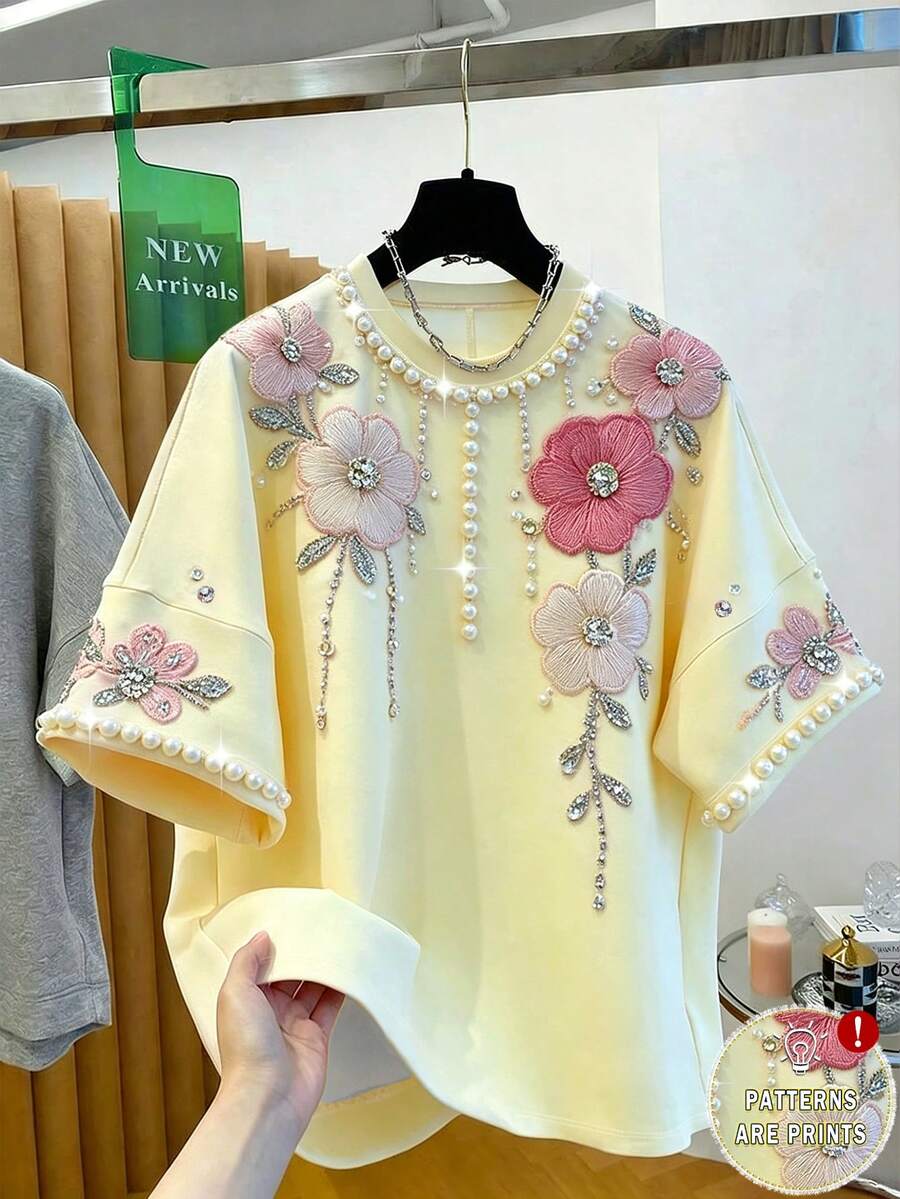 GlowEve 女士花卉珍珠装饰圆领短袖T恤 - 淡黃色 - 查看 1