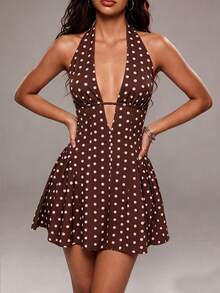 TRNVIE Women's Polka Dot Print Deep V-Neck Sexy Halter Dress - Coffee Brown - View 6