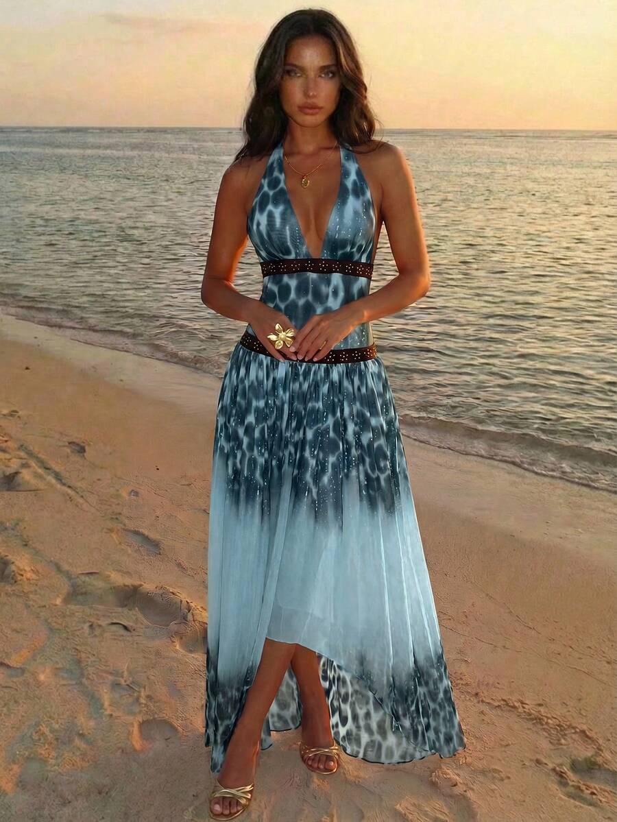 Aloruh Women's Gradient Halter Neck Casual Party Dress - Blue - View 1