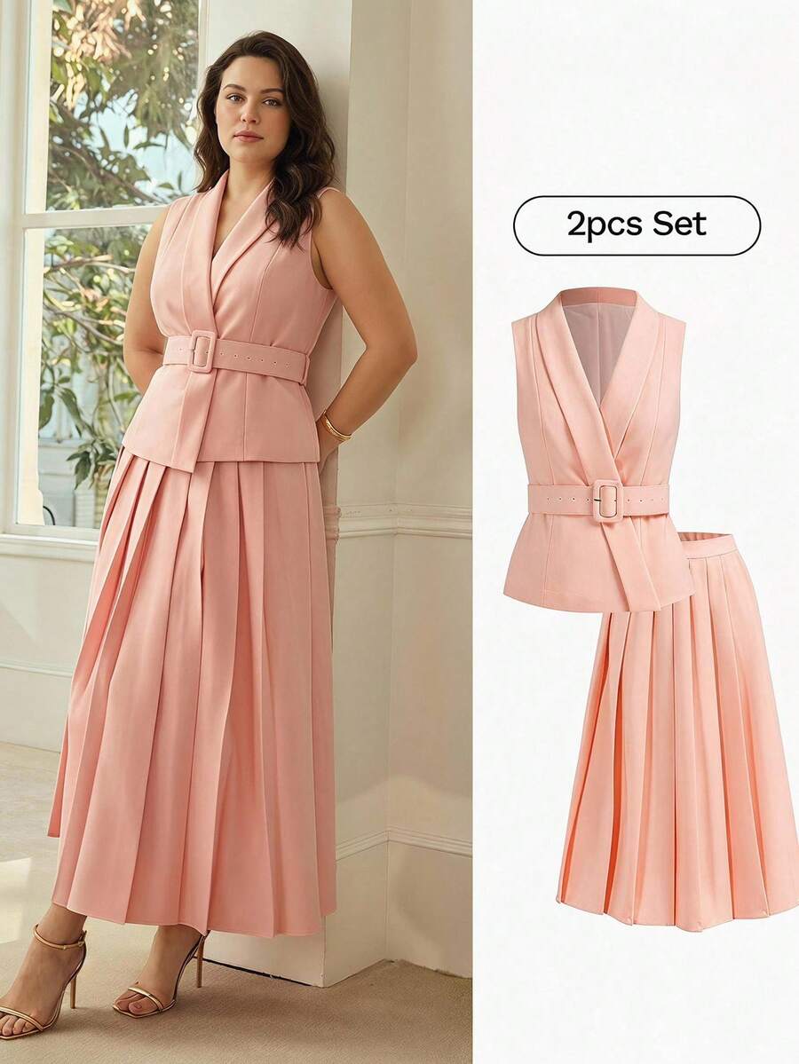 MOTF PREMIUM WOMEN'S PLUS SIZE ELEGANT COMMUTER WAIST-CINCHED WAISTCOAT & 2 SKIRT PIECES SET - Pink - View 1