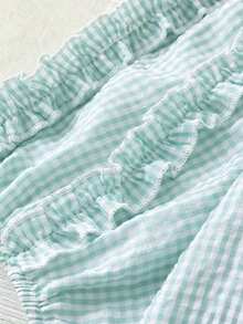Linhara Kemeja Wanita Ukuran Besar Tenun Reguler Musim Panas Kasual Nyaman untuk Perjalanan Pulang Pergi Leher Bulat Lengan Pendek Tepi Berkerut Warna Kontras Hitam & Putih - Mint Blue - View 4