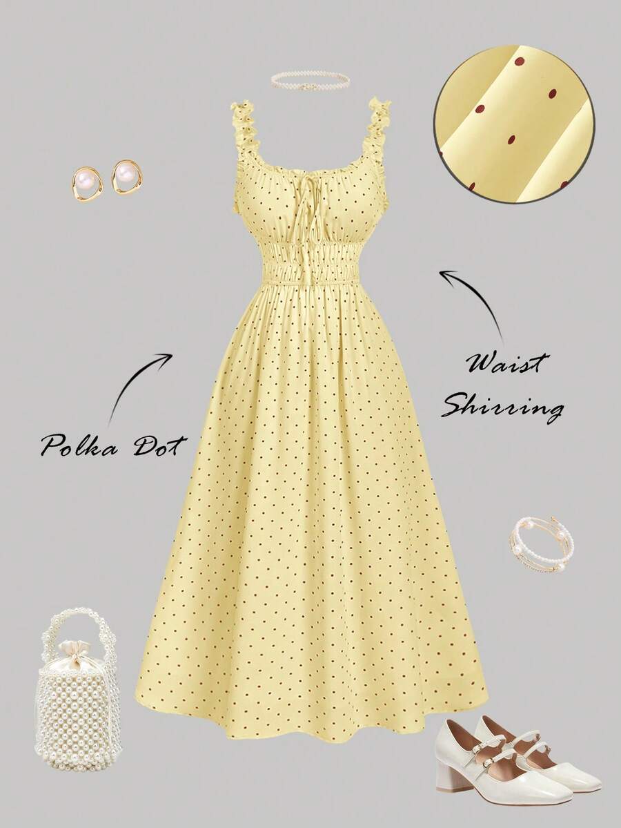 SHEIN MOD 女款黃色波點抓皺優雅可愛收腰長洋裝,適合派對度假夏季穿著 - 鵝黃色 - 查看 1