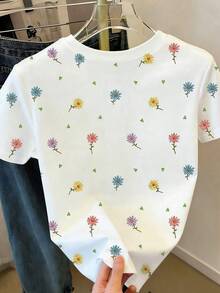 SHEIN Sparklyn 少女休闲清新雏菊碎花短袖圆领T恤，白色夏季日常上衣 - 彩色 - 查看 2