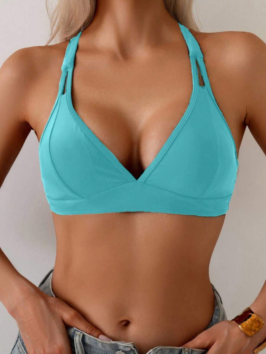 SHEIN Swim 女款純色交叉後綁帶極簡休閒比基尼上衣 - 薄荷藍 - 查看 1
