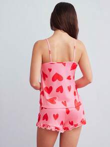 Elorette Women's Heart Pattern Camisole Top And Shorts Pajama Set Holiday Season - Red - View 3