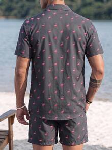 Ironwick Men's Flamingo Print Short Sleeve Shirt And Shorts Sports Set, Gym - Multicolor - View 2