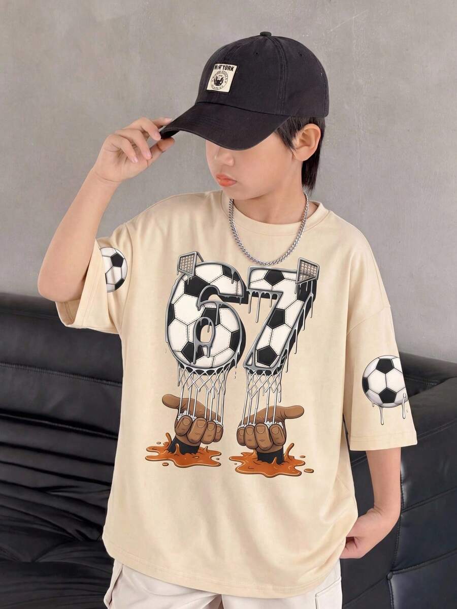 SHEIN Kaos Lengan Pendek Anak Laki-Laki, Atasan Bermotif, Lengan Pendek Kasual Longgar