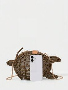 SHECARRY Ladies Fashionable Personalized Summer Fun Turtle Shape Pure Hand-Woven Hollow Slanted Shoulder Bag, Summer Vacation Seaside Beach - Brown - View 4