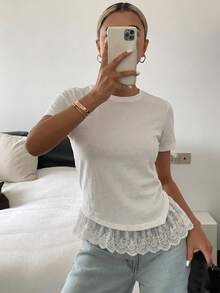 DAZY 女款純色圓領短袖拼接蕾絲飾邊休閒夏季上衣校園風 - 白色 - 查看 5