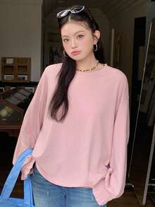 Dazy Plus Solid Color Casual Knit Round Neck Long Sleeve Bell Sleeve Teen Casual Pink Spring Summer Autumn Versatile Plus Size Women T-Shirt Cute Tops - Pink - View 7