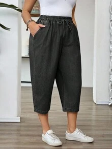 SHEIN EMERY ROSE CURVE Celana Capri Denim Kasual Wanita Ukuran Besar dengan Tali Serut di Pinggang dan Kantong - Light Wash - View 6