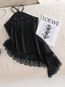 SHEIN Atasan Halter untuk Remaja Putri, dengan Hiasan Renda, Cocok untuk Sehari-hari & Acara Jalan-jalan - Hitam - View 2