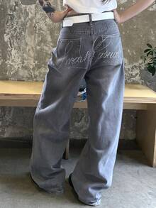 DAZY 女士水钻装饰休闲宽松斜插口袋牛仔裤 - 灰色 - 查看 3