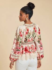 Travachic Women's Vacation Elegant Autumn Floral Print Contrast Lace Blouses - Pink - View 2