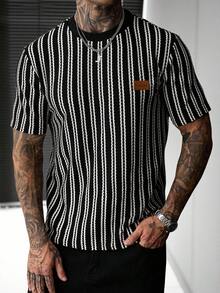 EGENSIO Kaos Lengan Pendek Denim Patchwork Bergaris Pria Kasual Serbaguna untuk Perjalanan Sehari-hari - Hitam - View 5