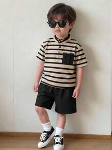 2pcs/Set Young Boys Comfortable Stand Collar Patchwork Contrast Color Casual Fashion Versatile Knit Shirt T-Shirt And Woven Shorts, Suitable For Spring And Summer, Suitable For Daily Wear, Suitable For Sports, Suitable For Outings, Suitable For Campus, Suitable For Parties, Suitable For Holidays, Suitable For Performances, Suitable For Photos - Multicolor - View 3