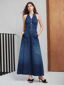 MOTF PREMIUM V-NECK HALTER NECK CINCHED WAIST LONG NAVY BLUE DRESS FOR WOMEN VACATION SUMMER CASUAL - Blue - View 1