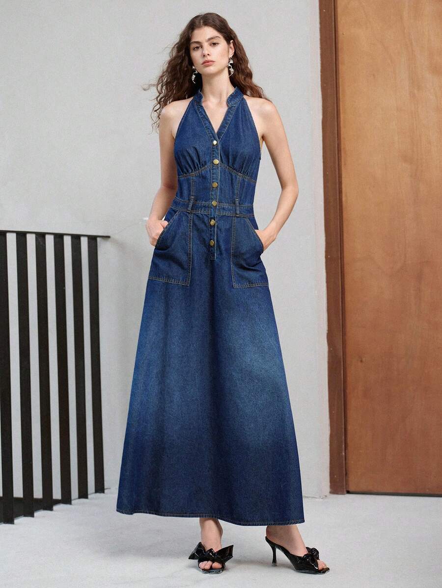 MOTF PREMIUM V-NECK HALTER NECK CINCHED WAIST LONG NAVY BLUE DRESS FOR WOMEN VACATION SUMMER CASUAL - Blue - View 1