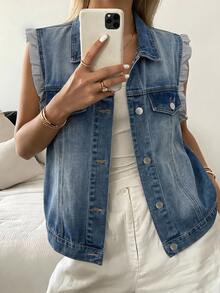 Livesso Spring Summer Casual Vacation Style Fashion Light Blue Beach Travel Streetwear Sleeveless Cardigan Denim Shirt Vest Jacket Outerwear Women's Denim Top - Light Wash - View 6