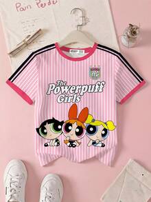 THE POWERPUFF GIRLS X SHEIN 少女条纹花朵、泡泡、毛茛图案短袖 T 恤 - 白色 - 查看 1