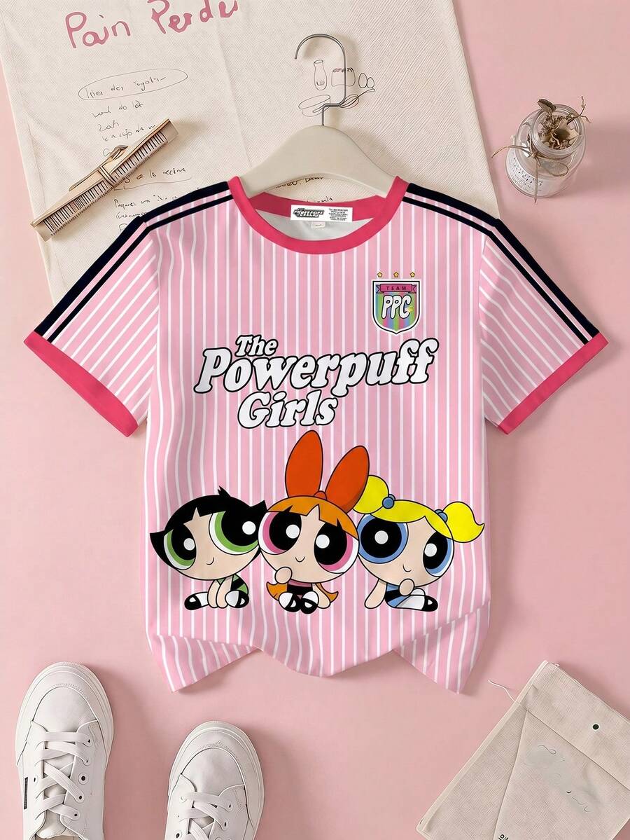 THE POWERPUFF GIRLS X SHEIN 少女条纹花朵、泡泡、毛茛图案短袖 T 恤 - 白色 - 查看 1