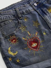 ROMWE Grunge Punk Y2K Vintage Star & Moon Embroidered Plus Size Denim Roll-Up Shorts - Blue - View 3