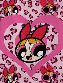 THE POWERPUFF GIRLS X SHEIN 年轻女孩休闲时尚街头风卡通爱心豹纹印花短袖T恤，夏季 - 白色 - 查看 7