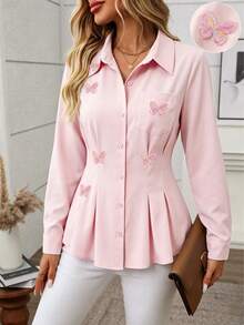 SHEIN Women's Elegant Solid Color 3D Butterfly Decor Cinched Shirt Collar Long Sleeve Blouse - Pink - View 1