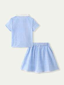 Casuvi Kids 少女格紋單排扣短袖襯衫與百褶迷你裙休閒日常套裝 - 藍色 - 查看 2