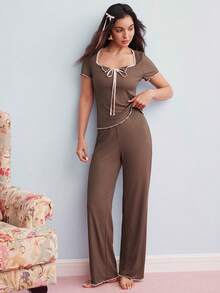 Elorette Casual Contrast Color Short Sleeve Top & Pants Women Pajama Set Outfit - Coffee Brown - View 2