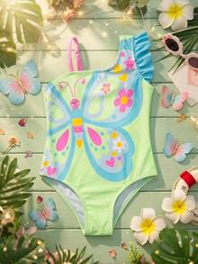 SHEIN 少女蝴蝶花卉印花可愛連身泳衣 - 彩色 - 查看 2