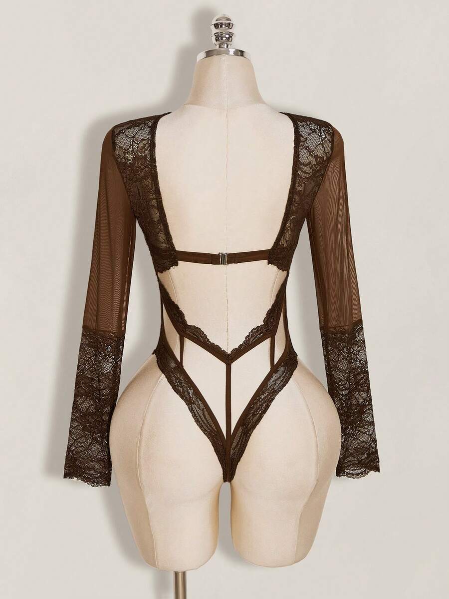 SHEIN ICON 女款蕾絲拼接性感百搭日常外出連身衣 - 棕色 - 查看 1