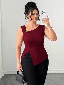 SHEIN Clasi Plus Size Women's Fashion Elegant Solid Color Asymmetric Shoulder Strap Tank Top Office Burgundy Summer - Burgundy - View 5