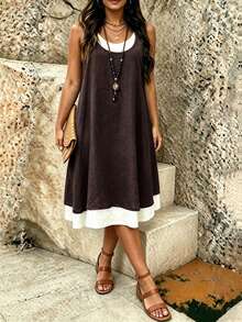 EMERY ROSE Plus Size Colorblock Round Neck Casual Soft Form Smart Traditional Elegant Women's Vacation Dress Formal Wedding Floral White Black Summer - Multicolor - View 4