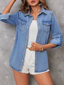 SHEIN EMERY ROSE CURVE 大尺碼女款單排扣口袋休閒百搭日常外出牛仔上衣 - 藍色 - 查看 3