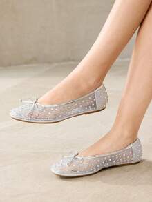 MOTF PREMIUM NEW SPRING AND SUMMER BALLET RHINESTONE MESH BOW ROUND TOE FLAT BOTTOM WOMEN'S SHOES APRICOT FAIRY VERSATILE TEMPERAMENT SWEET AND ELEGANT LOW VAMP SHOES COMFORTABLE HIGH-END CLASSIC SHOES SPRING SHOES - Silver - View 2