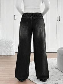 SHEIN 孕婦純色拉鍊開襟寬鬆直筒牛仔褲 - 黑色 - 查看 2