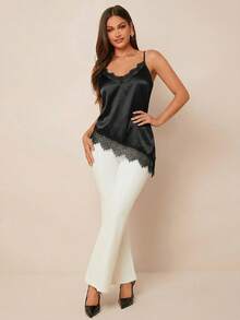 Amorya Women's Elegant Black Summer Silky Cami Top,Seductive Lace Patchwork Asymmetrical Hem T-Shirt,Night Out Beach Vacation Basic Everyday Wear - Black - View 5