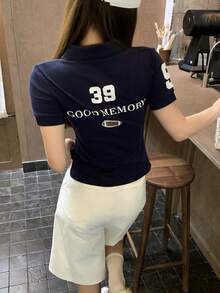 DAZY 女款領口印花修身短袖休閒基礎街頭風T恤 夏季圖案上衣 開學季高爾夫風 白色可愛上衣 - 藏蓝色 - 查看 3