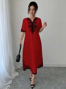 Elenzga Plus Size Women's Notch V-Neck Colorblock Casual Party Dress - Red - View 4