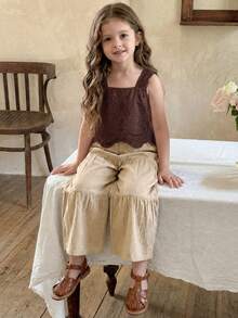 Emery Rose Kids Emery Rose Kids 少女編織素色方領荷葉邊休閒背心與長褲2件組 - 杏色 - 查看 4