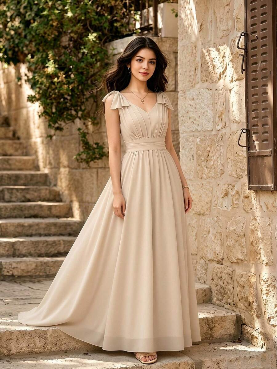 Gaun Pesta Elegan Tanpa Lengan Leher V Warna Polos untuk Remaja Perempuan - Aprikot - View 1