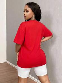 SHEIN SXY Two-Piece Set White High-Elasticity Knit Crew Neck Oversize Cowboy Casual T-Shirt Cherry Print High-Waist Leggings Holiday Summer Gym - Red and White - View 2