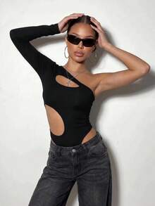SHEIN ICON Spring/Summer Women's Black Goth Grunge Sexy Solid Color Sexy Asymmetric Cut Tight Bodysuit - Black - View 3