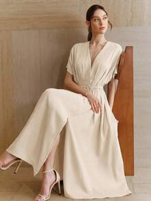 Anewsta Women's Elegant Deep V-Neck Batwing Sleeve Ruched Tie-Waist Linen Dress,White Summer French Tea Party Dress For Gathering & Vacation - Apricot - View 3